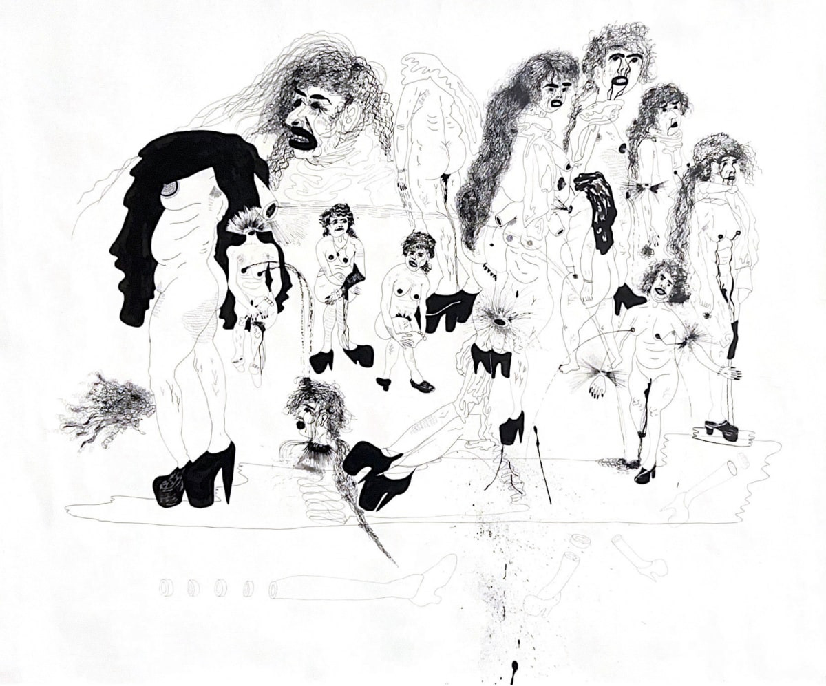 Various abstracted naked female figures wearing heels covering the entire image. Figures are drawn in black ink on white paper.