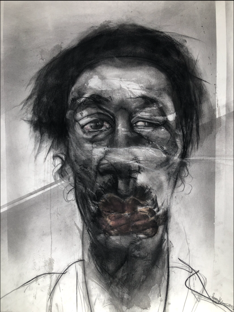 An exaggerated drawing of a man from the neck up.