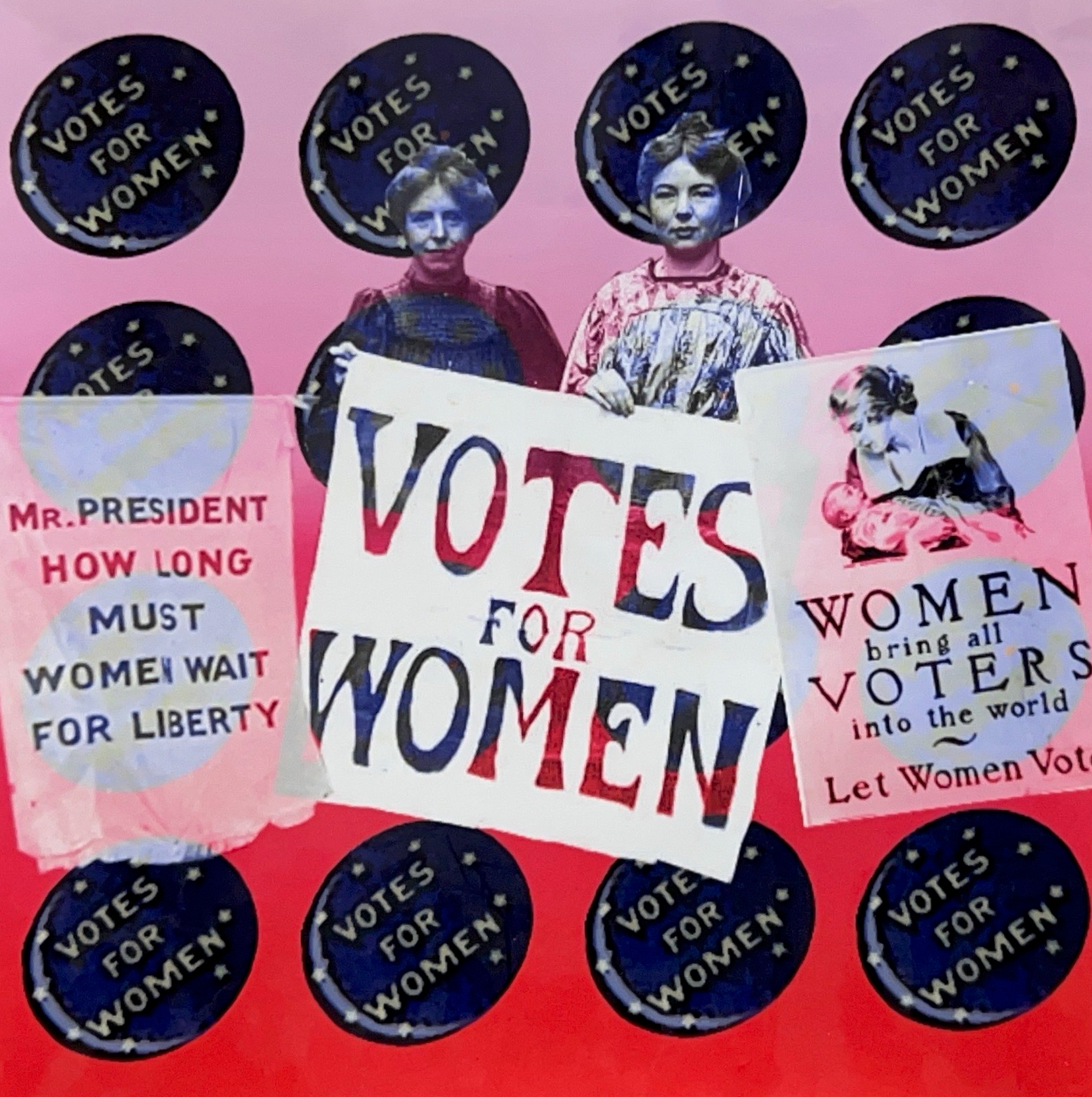 Digital design of two women standing with signs promoting voter rights for women. There is a repeating pattern of buttons in the background that say "votes for women." The color palette of the digital illustration is pink, red, and dark blue.