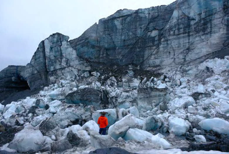 Lone figure in red jacket standing among arctic glaciers.