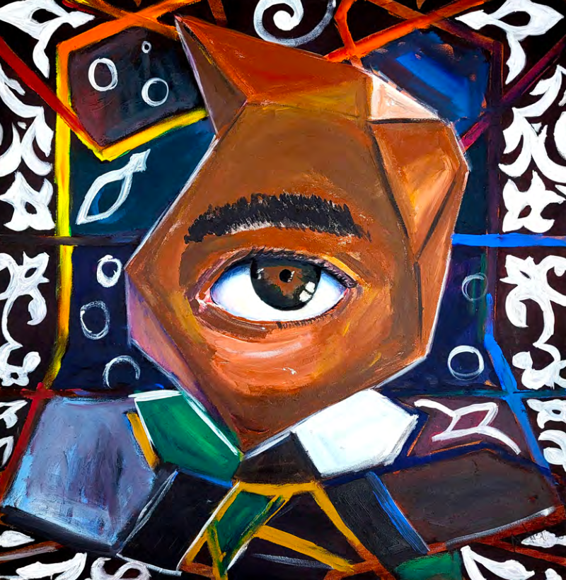 Partial face and eye exposed through a foreground of abstract, multicolored patterns