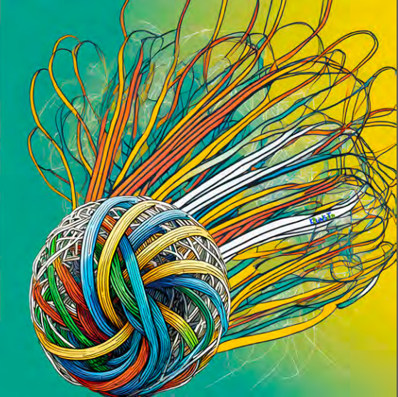 Rainbow ball made of cables with more rainbow cables exploding outwards behind the ball. Positioned over a green and yellow background.