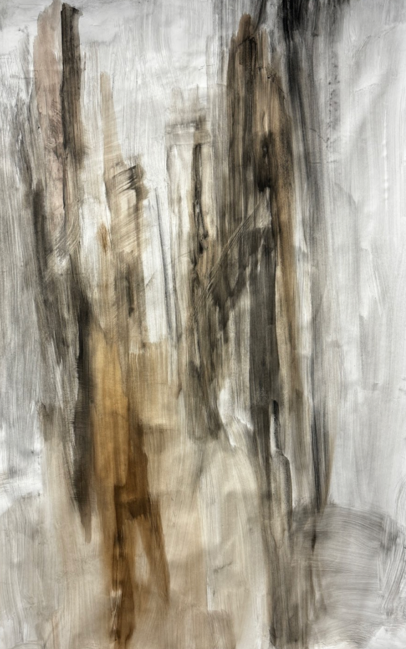 Smudged lines in gold, brown, and grey colors over a white background.