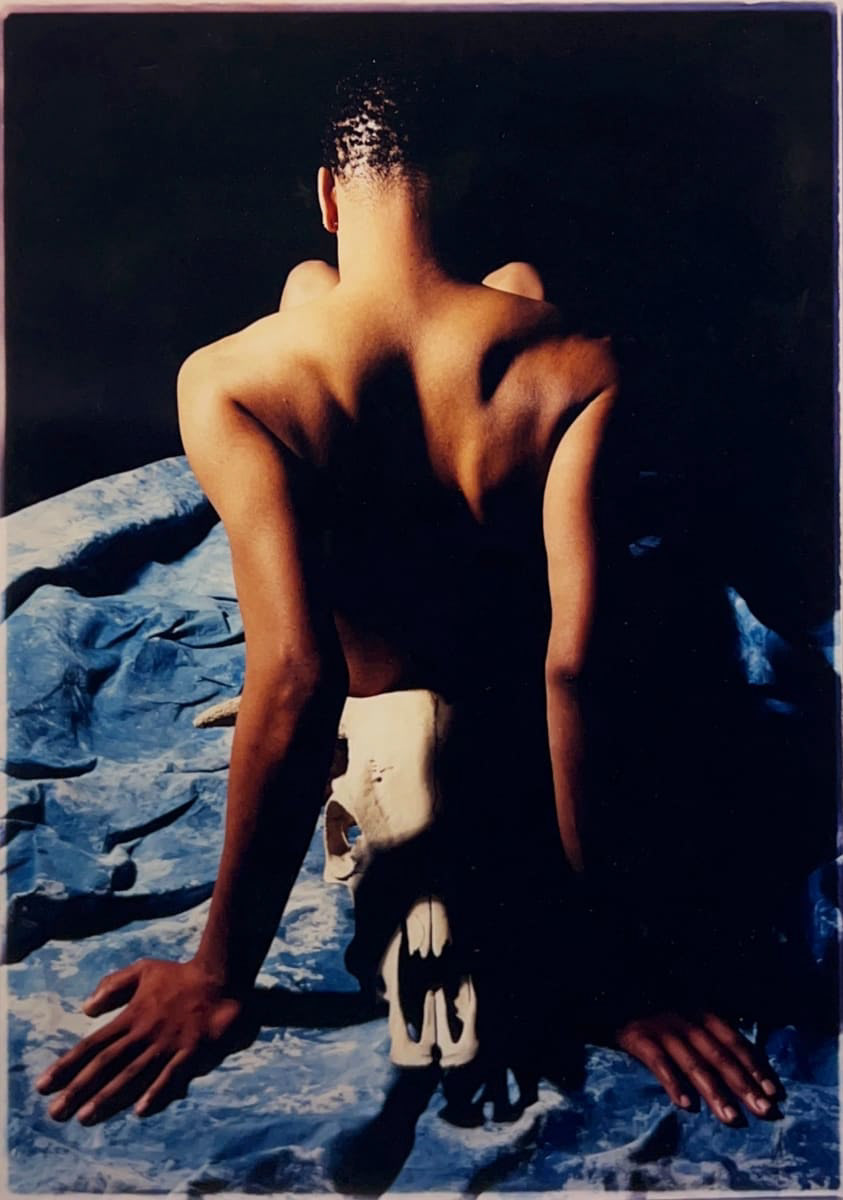 Color photograph of a sitting man from behind with a ox skull in front and a blue tarp underneath him