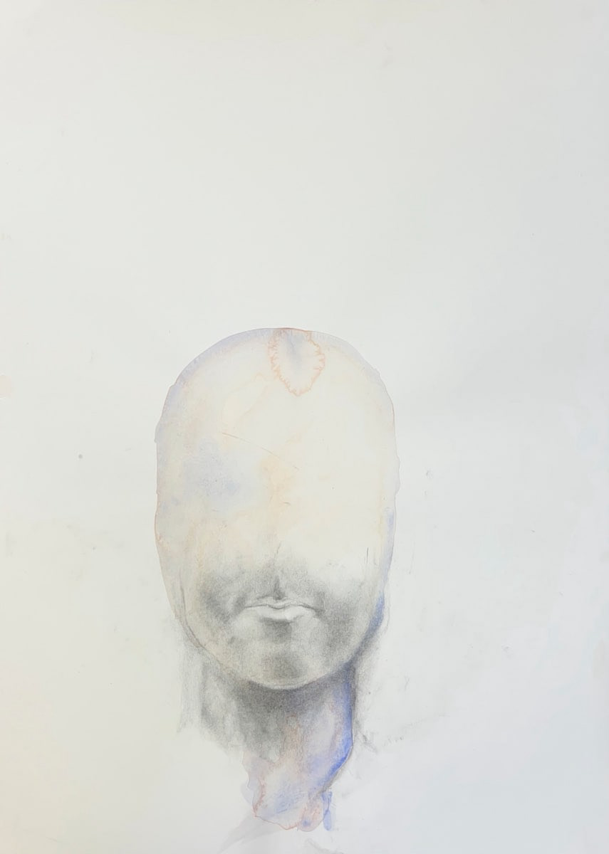 Head with the upper part of its face missing, created with pencil marks and blue, yellow and orange watercolors. The head is centered at the bottom of the image.