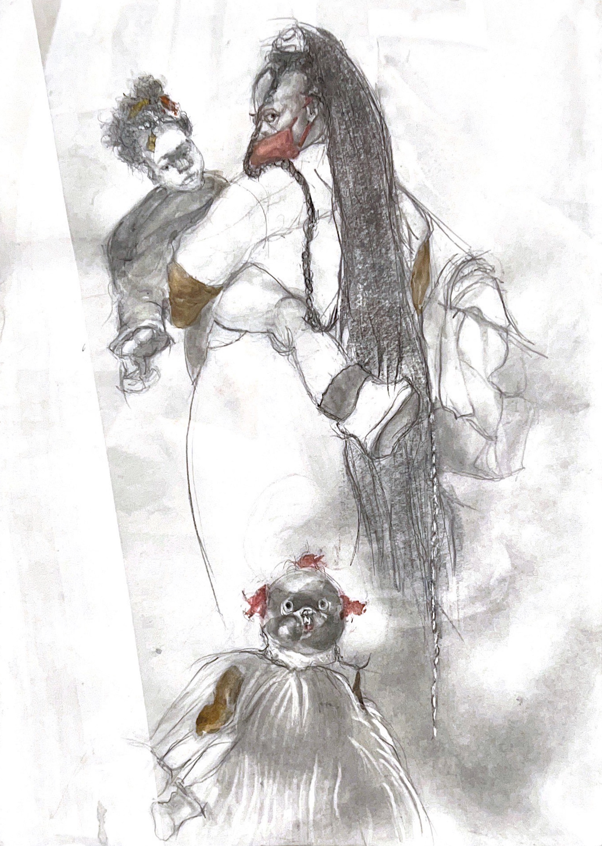 A drawing of a woman holding a baby and looking behind her. The baby is reaching out for a doll on the floor.