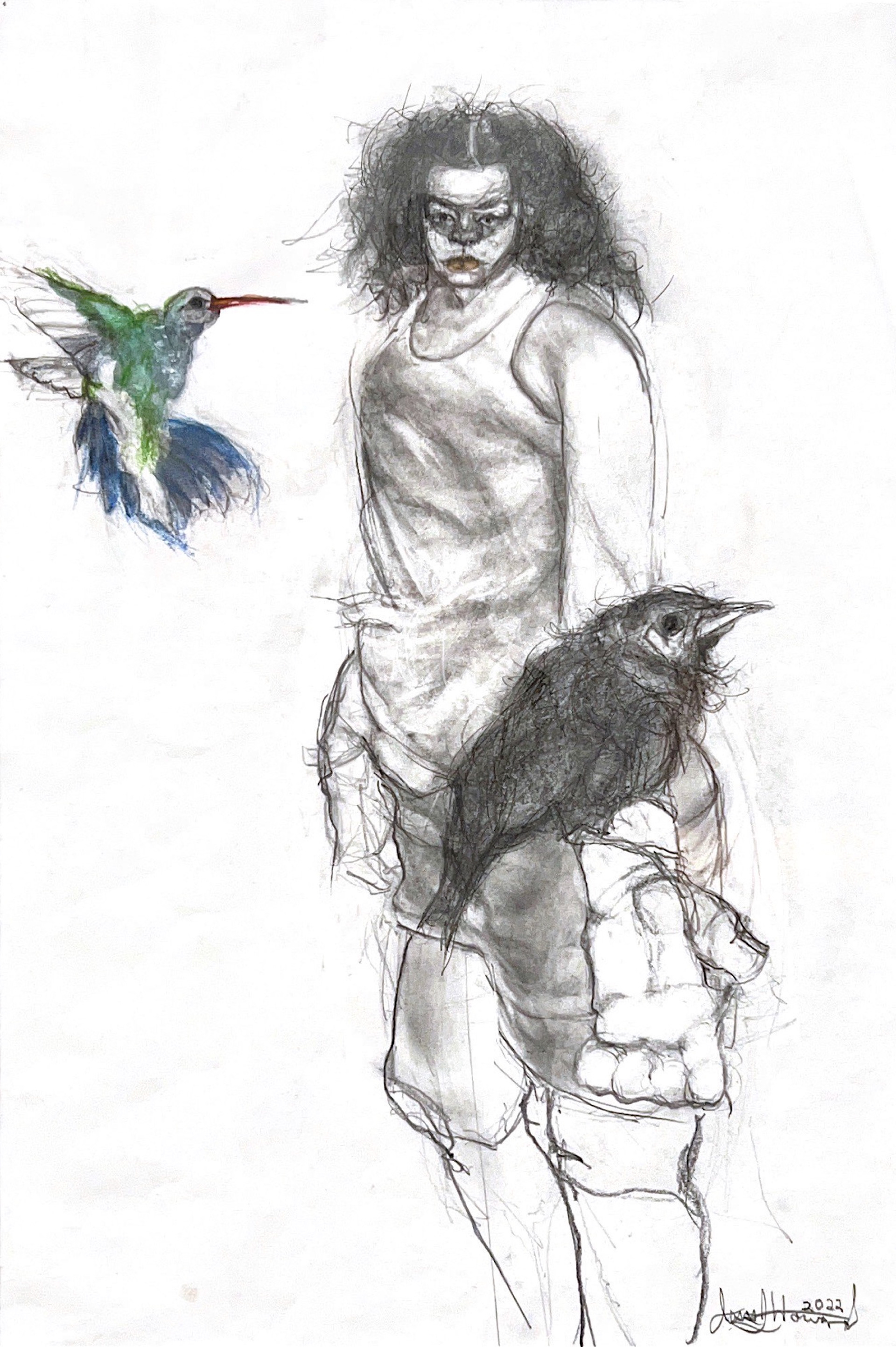 An exaggerated drawing of a young girl holding a crow in her reached out hand. There is also a colorful hummingbird flying to the left of the girl.