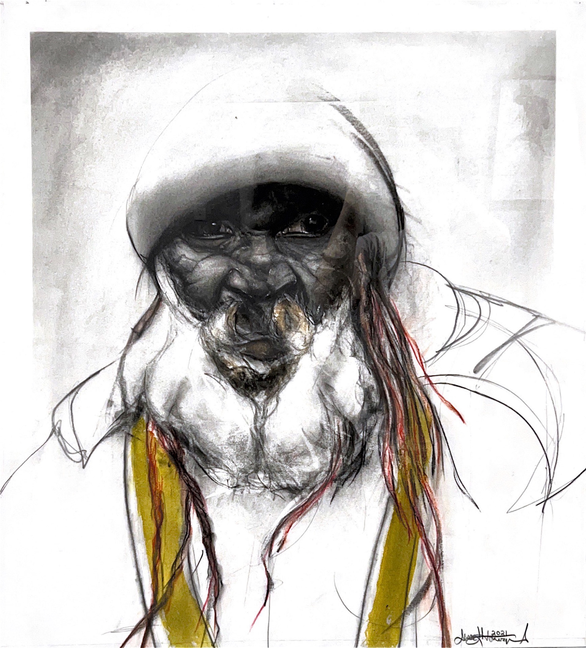 A drawing of a bearded man with long hair and a hat. The drawing is black and white except for part of the man's clothes which is yellow and strands of the man's hair, which are red.