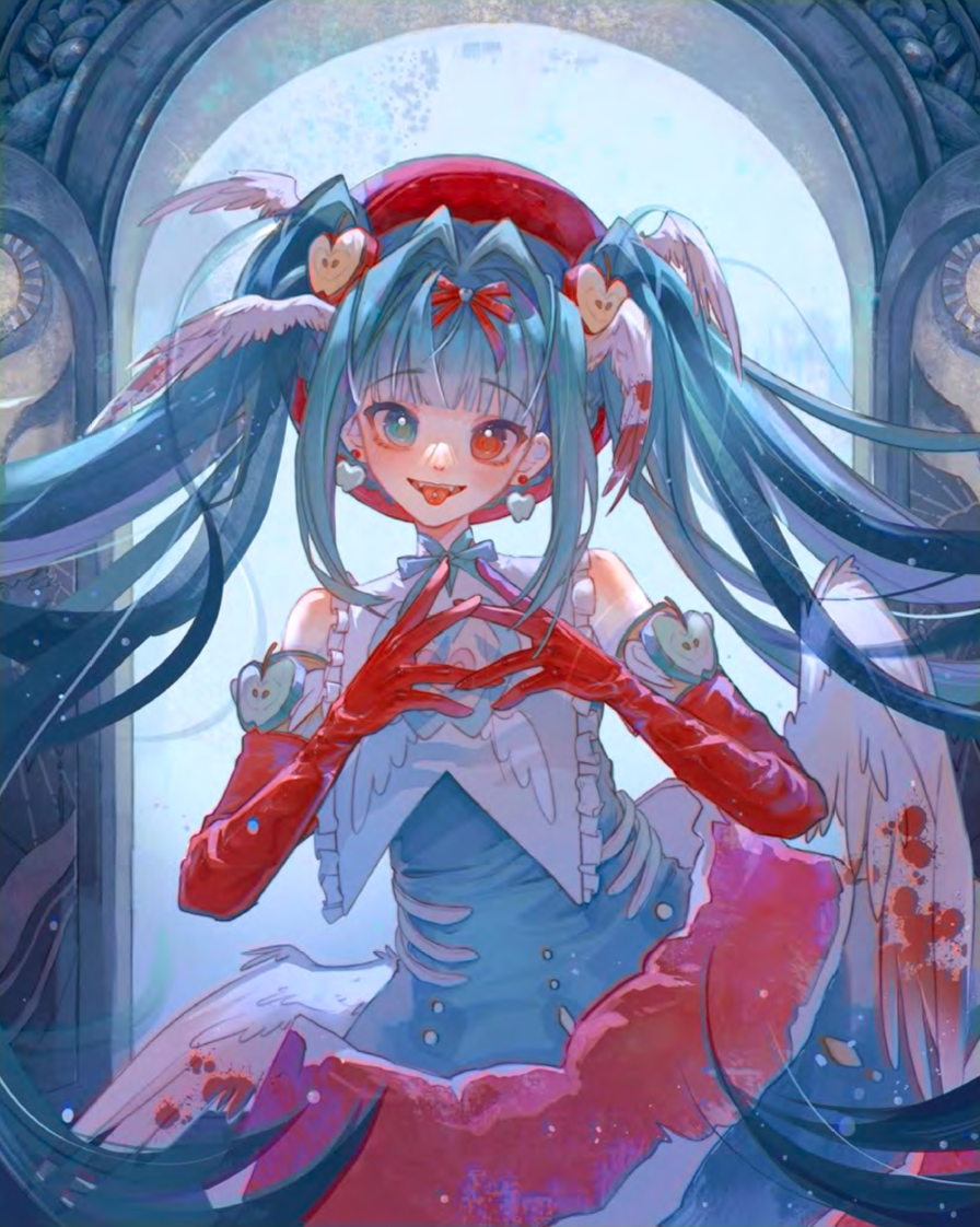 Smiling girl centered over mystical blue background with blue hair, red gloves, and a blue and red dress.