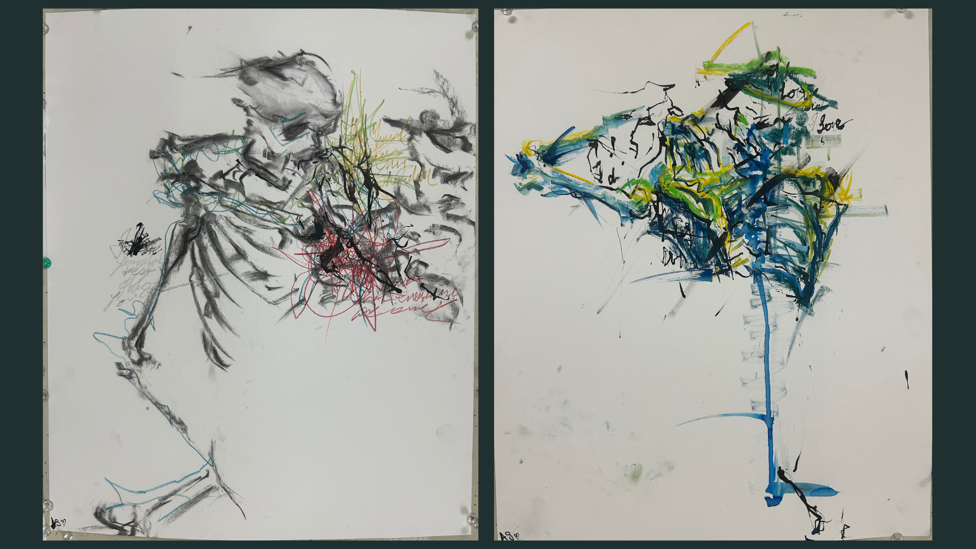 Diptych with abstracted skeletal figures on each side. The left side has black, red, and yellow colors and the right side has blue, green, yellow, and black colors