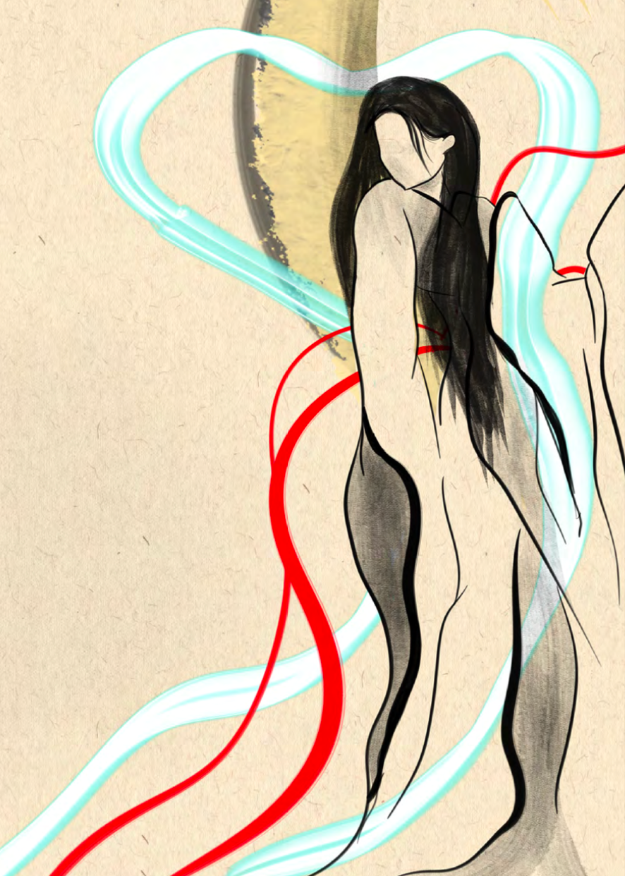 Female figure standing amongst blue and red flowing lines over a beige background.