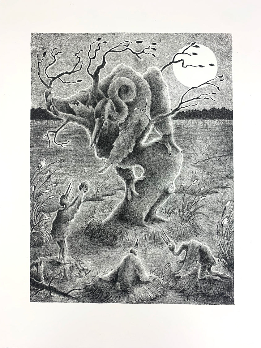 Black and white image of three anthropomorphized birds bowing down and presenting an offering to a larger bird creature perched in a tree. The scene takes place in a swamp at night with a full moon in the sky.