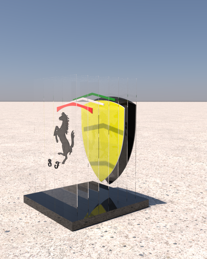 The Ferrari scudetto reimagined in 3D, around 5ft tall, front 3/4 view