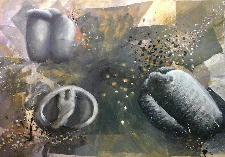 Collage, paint, pastel, charcoal and pencil