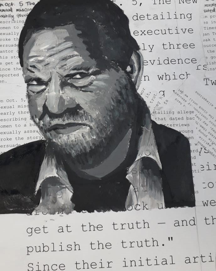 Acrylic Painting on top of printed word collage. The collage underlay has excerpts from a Me Too article