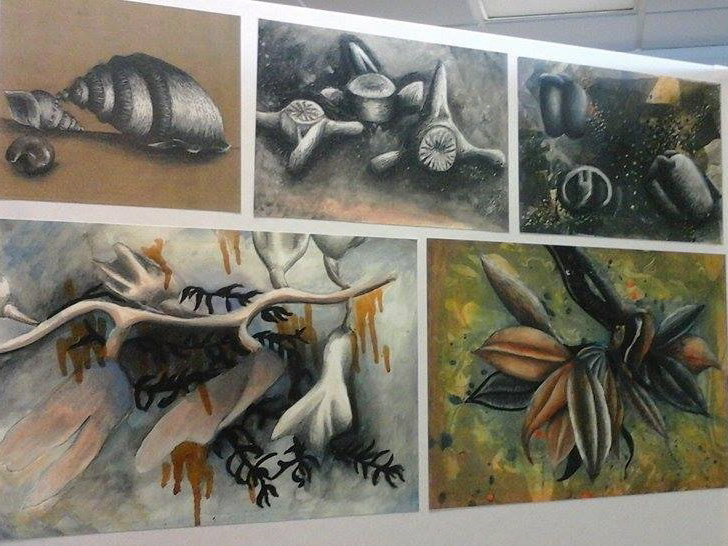 Pastel and pencil on brown paper and oil marbled paper with pencil, charcoal, paint and ink with paint wash. Start of my art board coming together