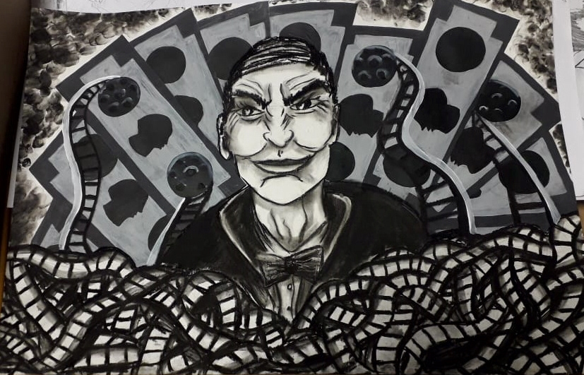 An exaggerated charcoal and paint work. Meant to transform the fat-cat men of the industry into Joker-like faces- how we see them now we know what they've done