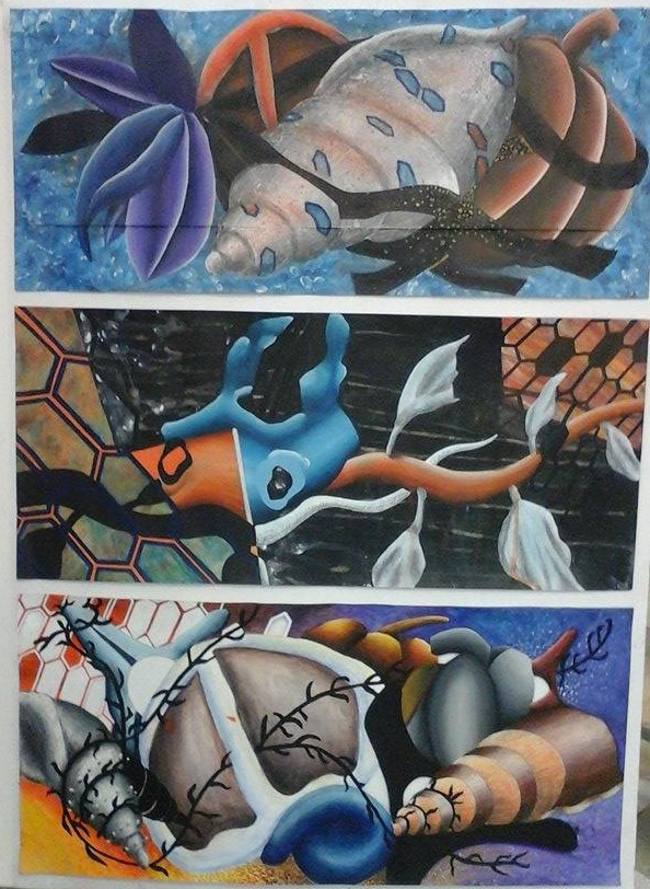 3 large works, a mix of paint, pencil, charcoal and paint pen