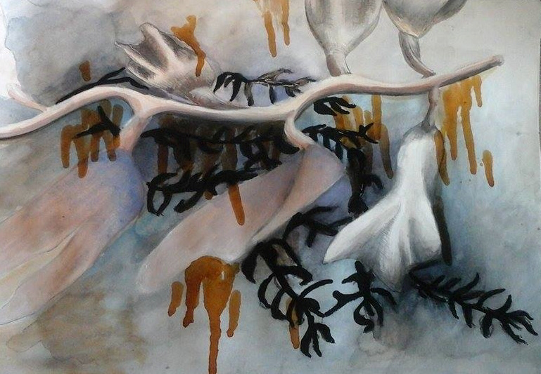 Watercolour, pencil, charcoal sketch with shellac