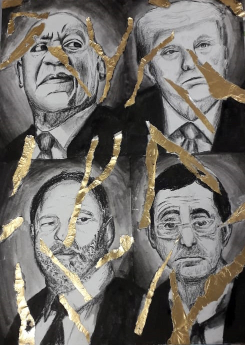 Charcoal and pencil sketches with wash and gold collage overlay. Including some of the big bad names of the movement, Bill Cosby, Donald Trump, Harvey Weinstein, and Larry Nassar.