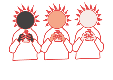 Trois personnages avec des soleils comme visage pour évoquer l'enthousiasme, la diversité et le partage