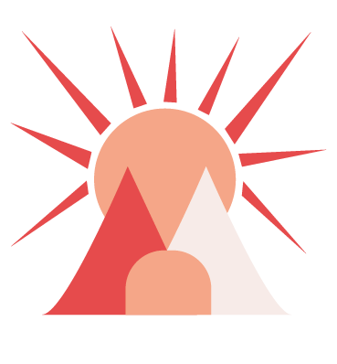 Tente qui rappelle des montagnes avec un soleil derrière pour illustrer le côté festif d'un festival et le bien être d'une randonnée.