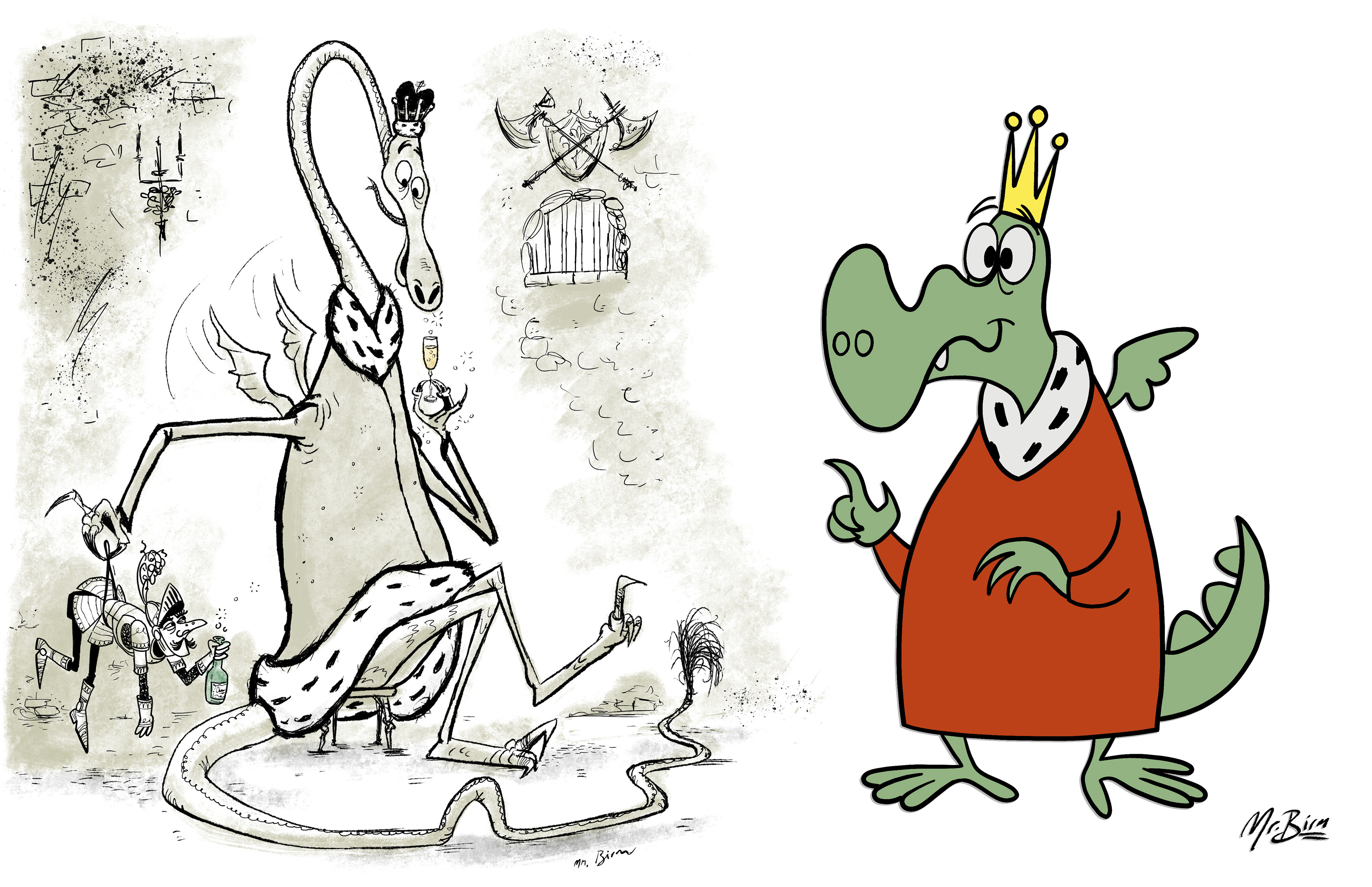 Dragon in style of Ronald Searle & Jay Ward: Photoshop, 11" x 17," 2021