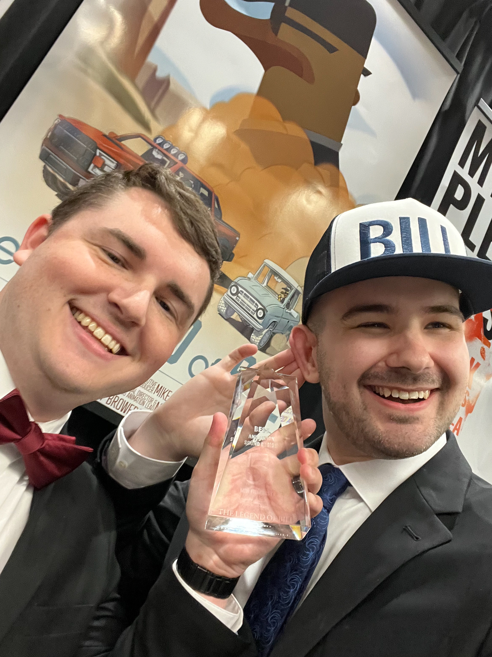 "The Legend of Bill" took home the award for "Best Sound Design" at Lipscomb's 5-Minute Film Festival. Sound Designer, Bradley Bowersox (Left) poses while Director, Jacob Birmingham (right) listens to the award.