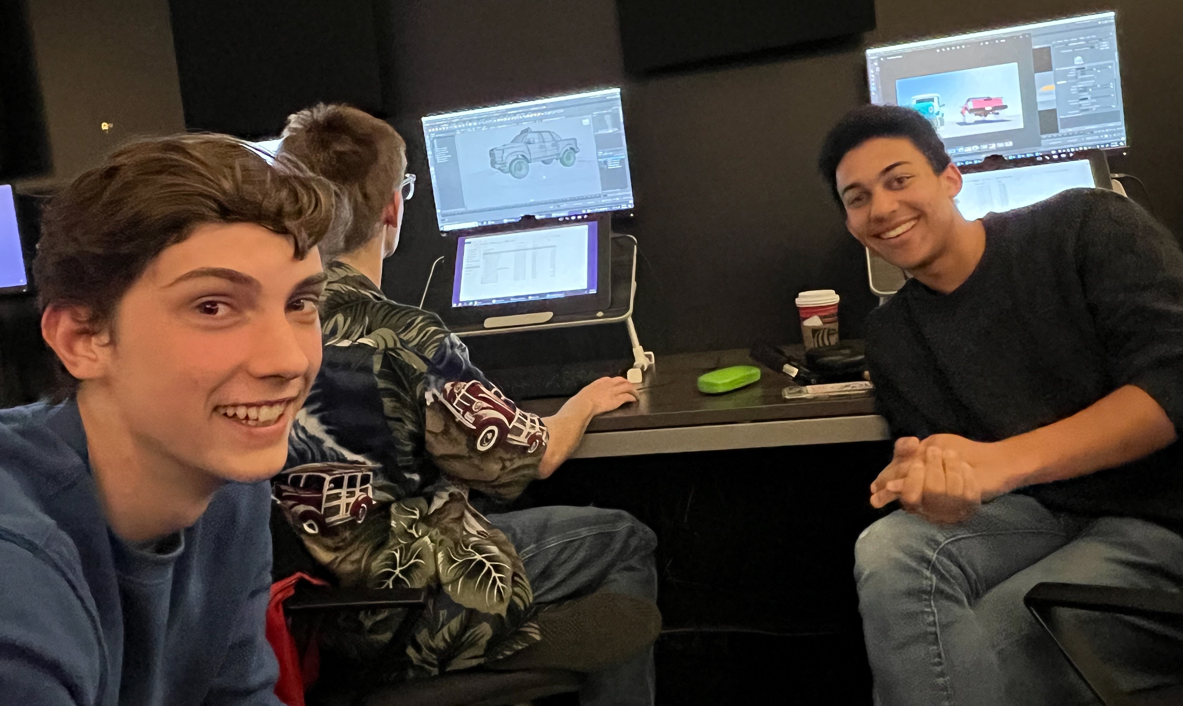 Shading & Render Pipeline, Daniel Gess (Left), CG Lead, Mitchel Kline (middle), and CG Generalist, Micah Duncan (Right) pause from 3-Dimensional work for a photo.
