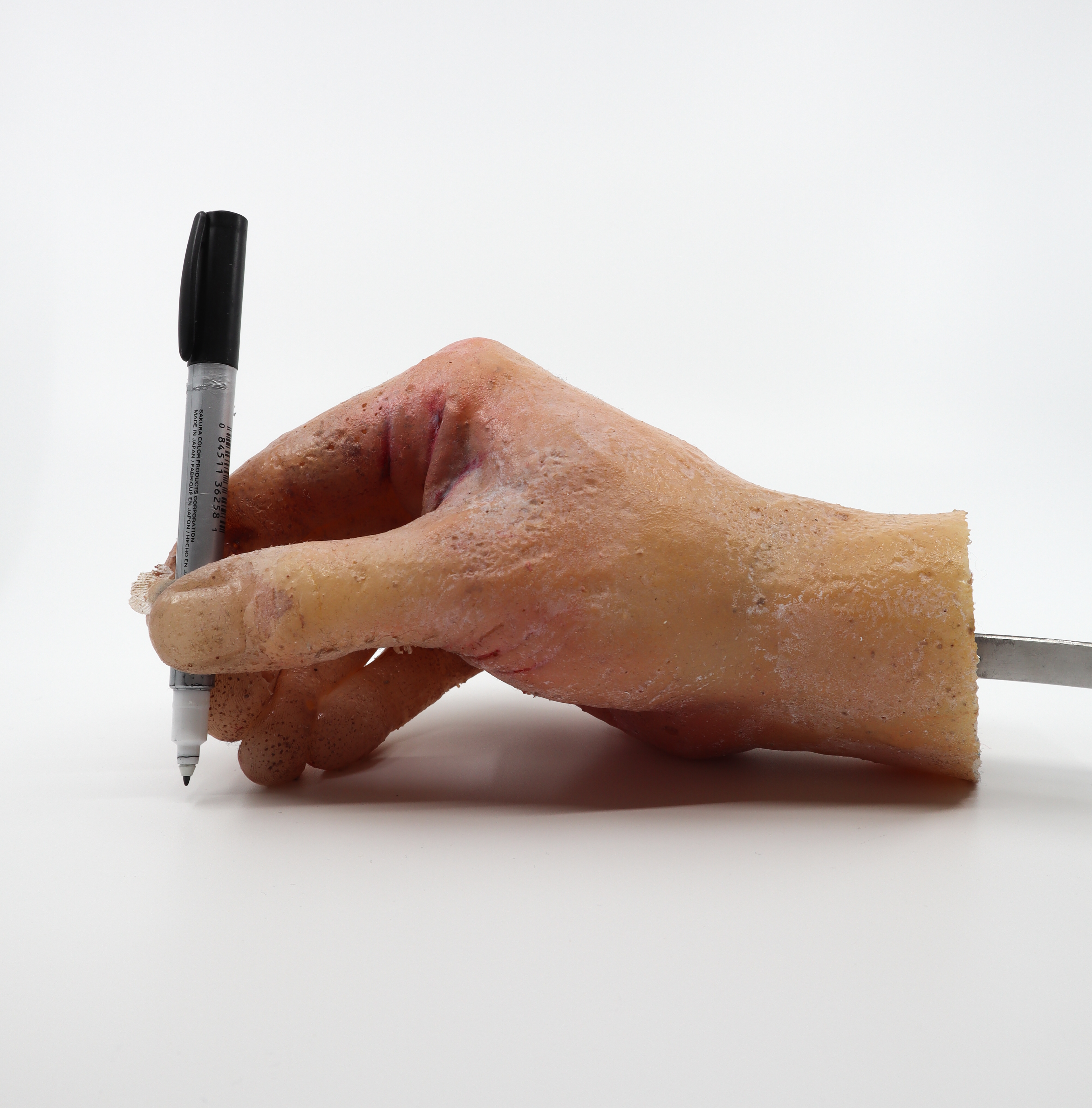 A realistic hand cast out of silicone and hand-painted. This is the final hand that will be mounted on the arm.