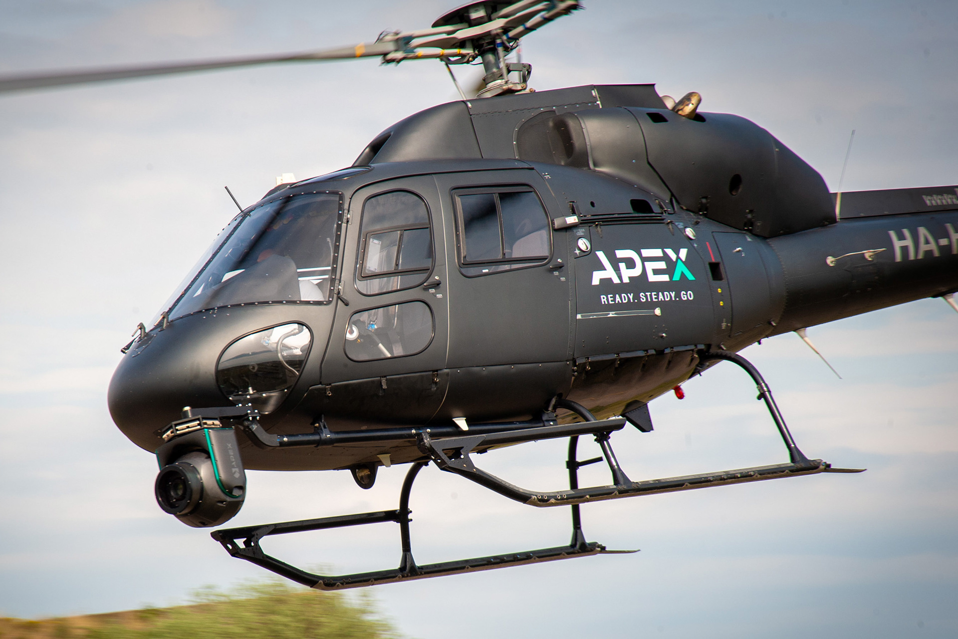 The AX18 stabilized gimbal on a AS355 Helicopter