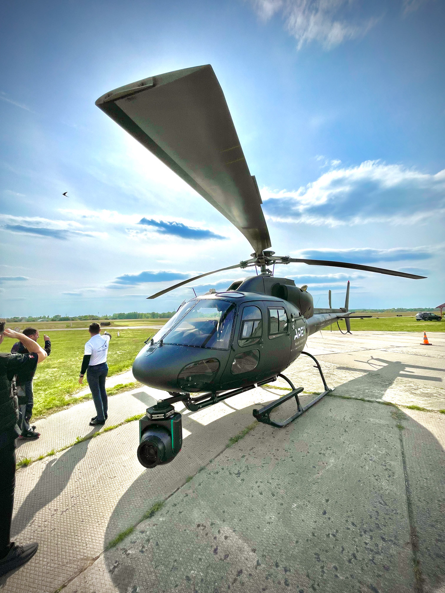The AX18 stabilized gimbal on a AS355 Helicopter