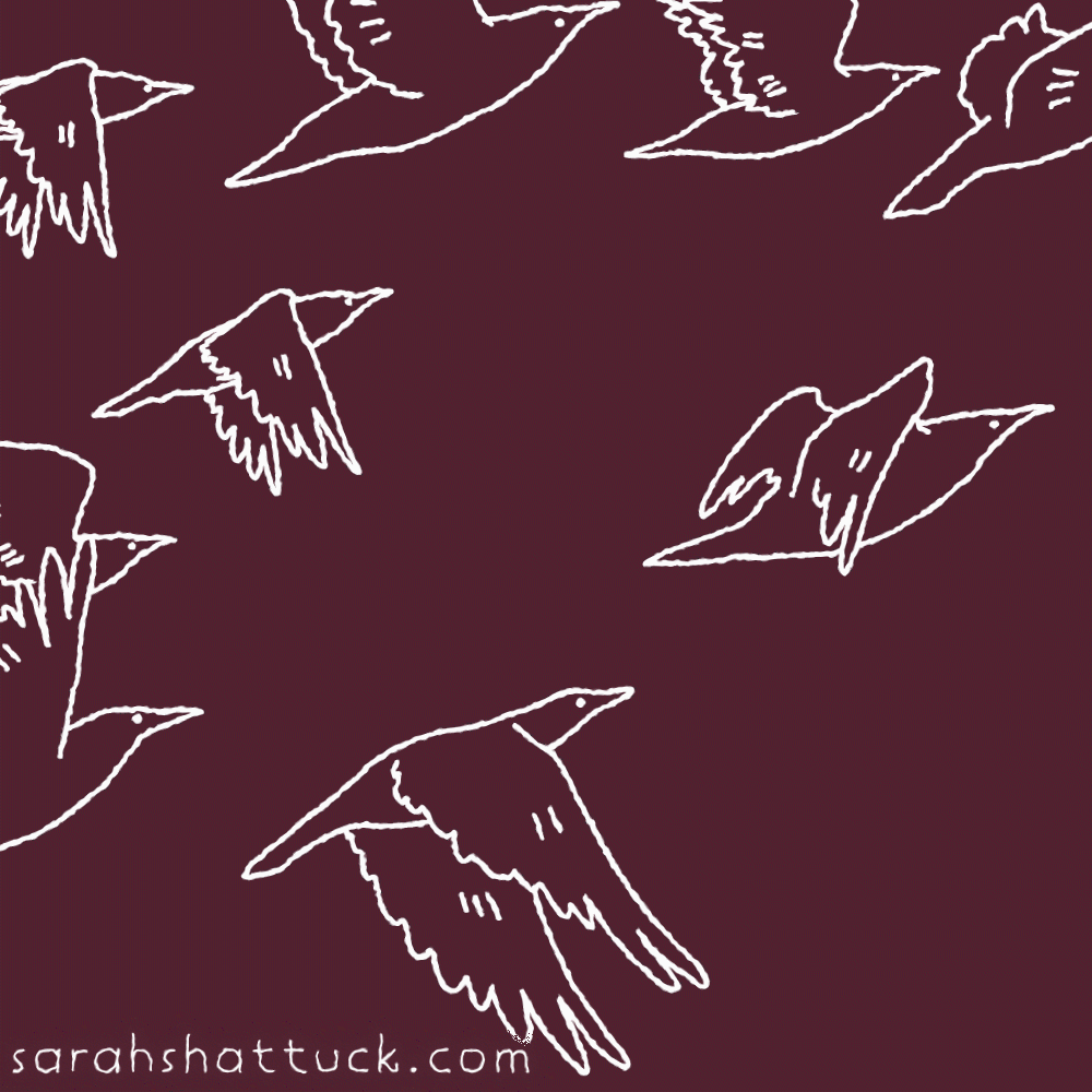 An animated gif of several starlings flying in place, drawn in white over a red background.