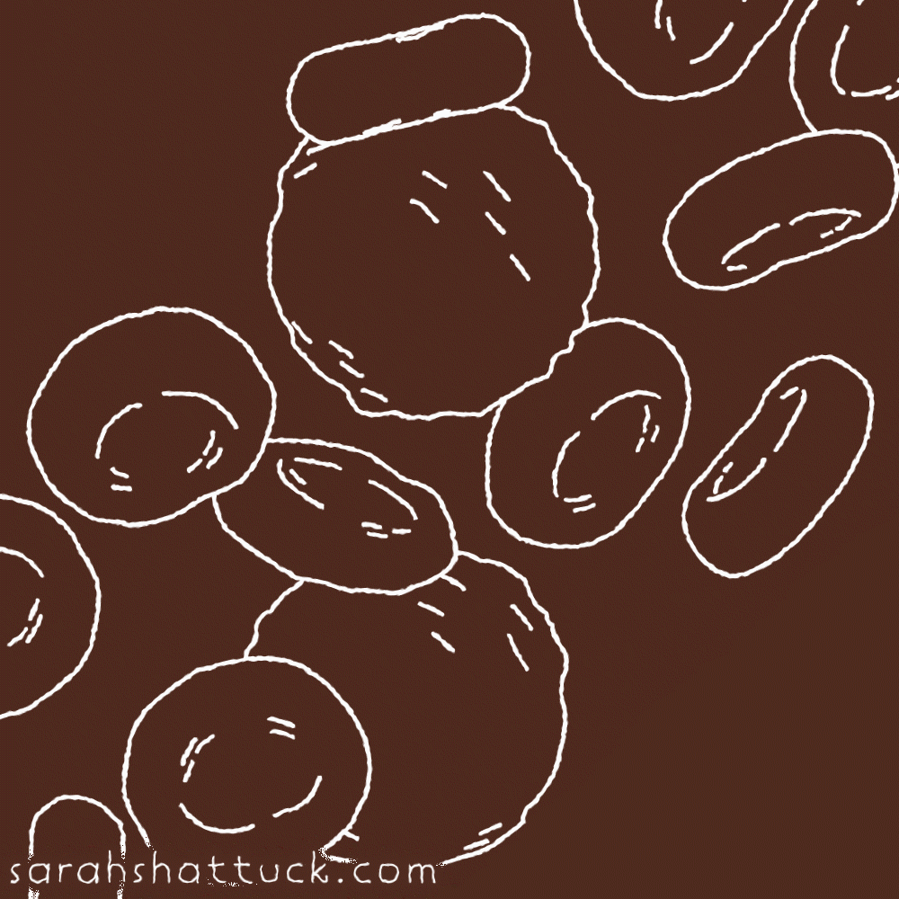 An animated gif of several red and white blood cells rotating, drawn in white over an orange background.