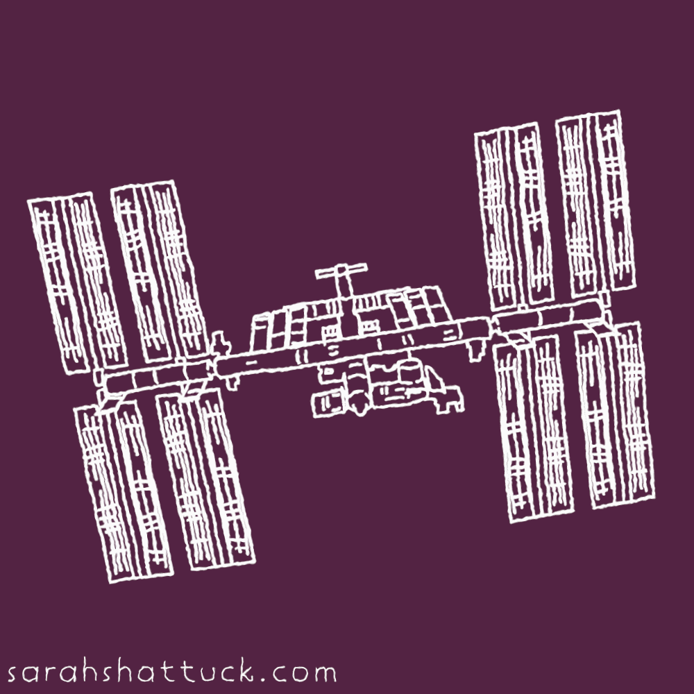 An animated gif of the International Space Station drawn in white over a magenta background. It subtlety wiggles in place.
