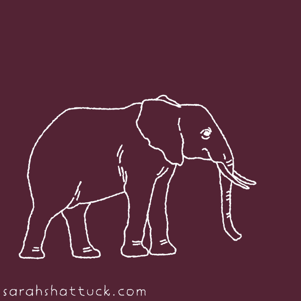ID: An animated gif of an elephant drawn in white over a red-magenta background. It steps its left front leg forward and raises its trunk, then returns to its original position.