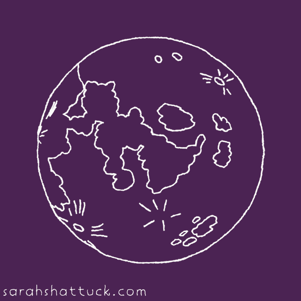 An animated gif of the Moon rotating back and forth, drawn in white over a purple background.