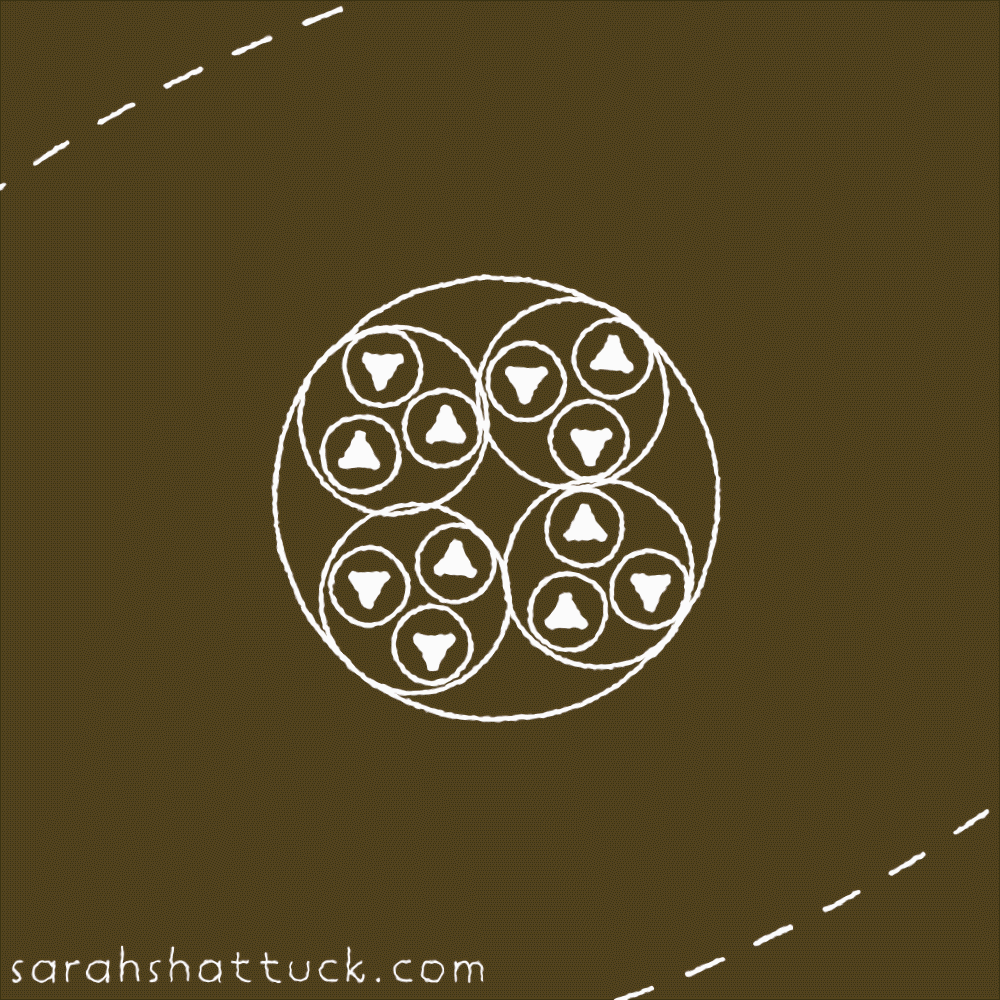 An animated gif of an atomic nucleus drawn in white over a gold background. The nucleus, protons, and neutrons are represented as circles, the quarks as circles with triangular arrows in their centers, and an electron's path as a circular dotted line that slowly rotates. The nucleus is subtlety wiggling in place.