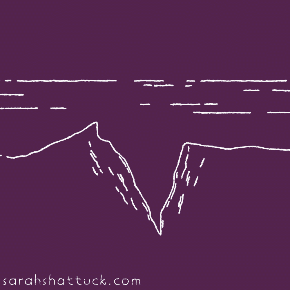An animated gif of the Mariana Trench drawn in white over a magenta-purple background. It subtlety wiggles in place, and the water above it shimmers sligthly.