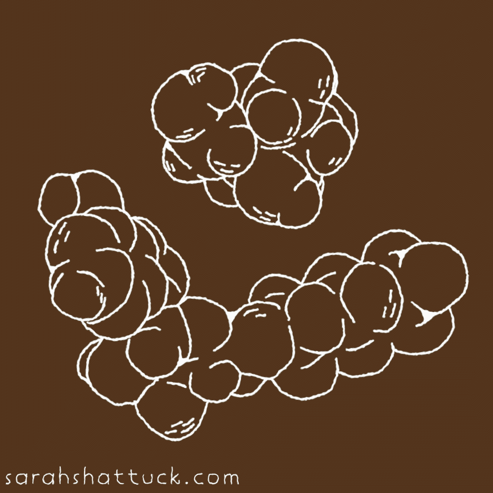 An animated gif of two molecules bobbing back and forth, drawn in white over a gold background. They are represented as 3d shapes composed of spheres. Above is ATP, below is glucose.