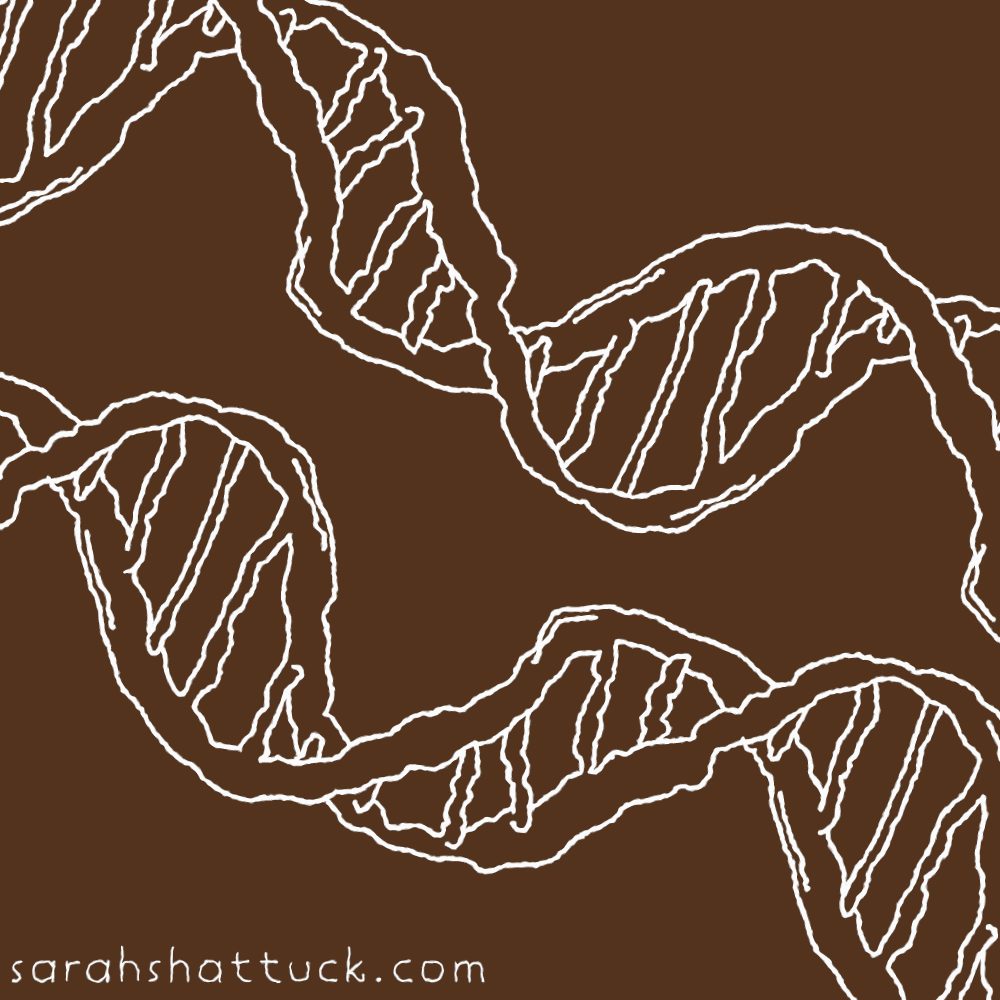An animated gif of two strands of DNA rotating, drawn in white over a golden-orange background.