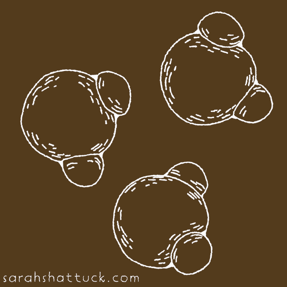 An animated gif of three H2O molecules bobbing back and forth, drawn in white over a gold background. They are represented as 3d shapes composed of spheres.