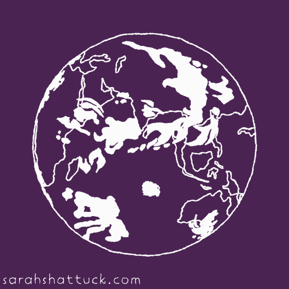 An animated gif of the planet Earth rotating back and forth, drawn in white over a purple background.