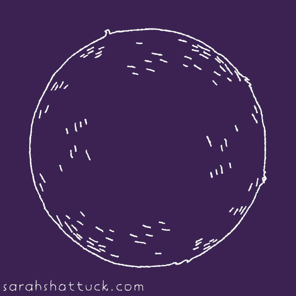 An animated gif of the Sun, drawn in white over an indigo background. It subtlety wiggles in place, and small flares occasionally erupt from its surface.