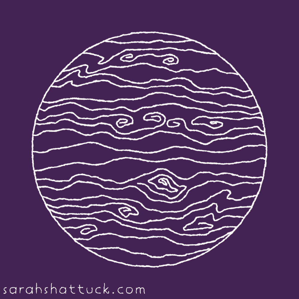 An animated gif of the planet Jupiter rotating back and forth, drawn in white over a purple background.