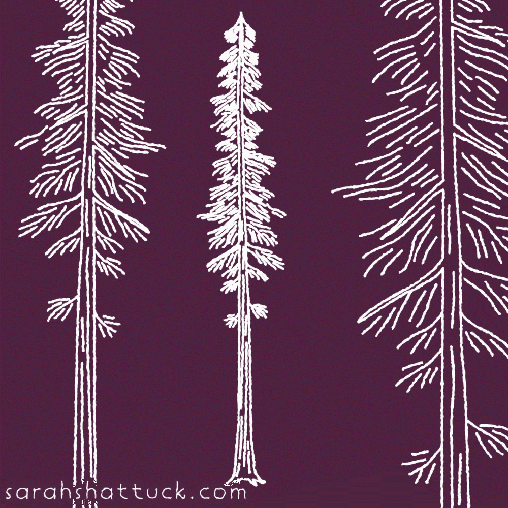 An animated gif of three redwood trees drawn in white over a magenta background. They subtlety wiggles in place.