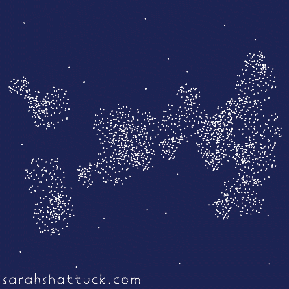An animated gif of the Virgo Cluster, drawn in white over a navy blue background. It is full of galaxies and stars which occasionally shimmer.