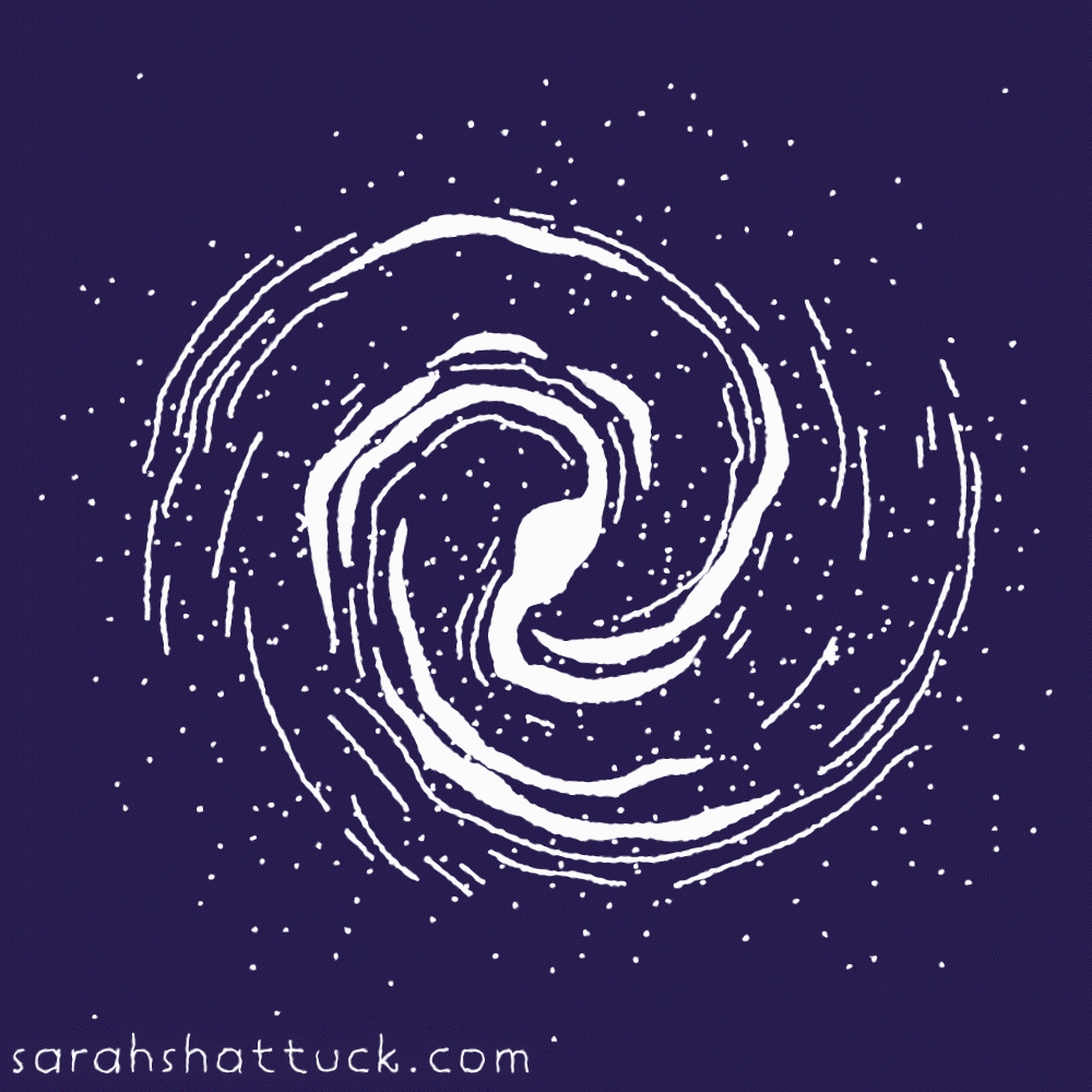 An animated gif of the Milky Way Galaxy, drawn in white over a navy blue background. It is surrounded by stars which occasionally shimmer.