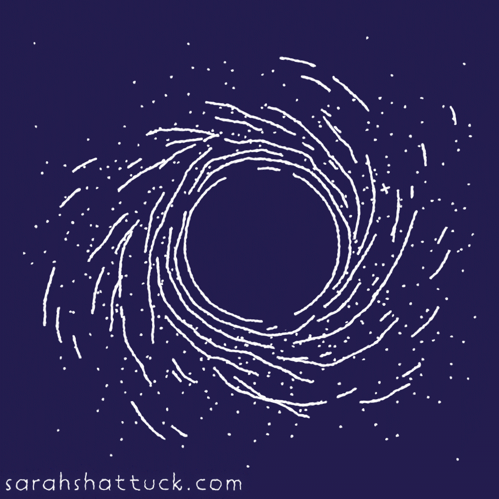 An animated gif of a supermassive black hole spinning slowly, drawn in white over an indigo background. It is surrounded by stars which occasionally shimmer.