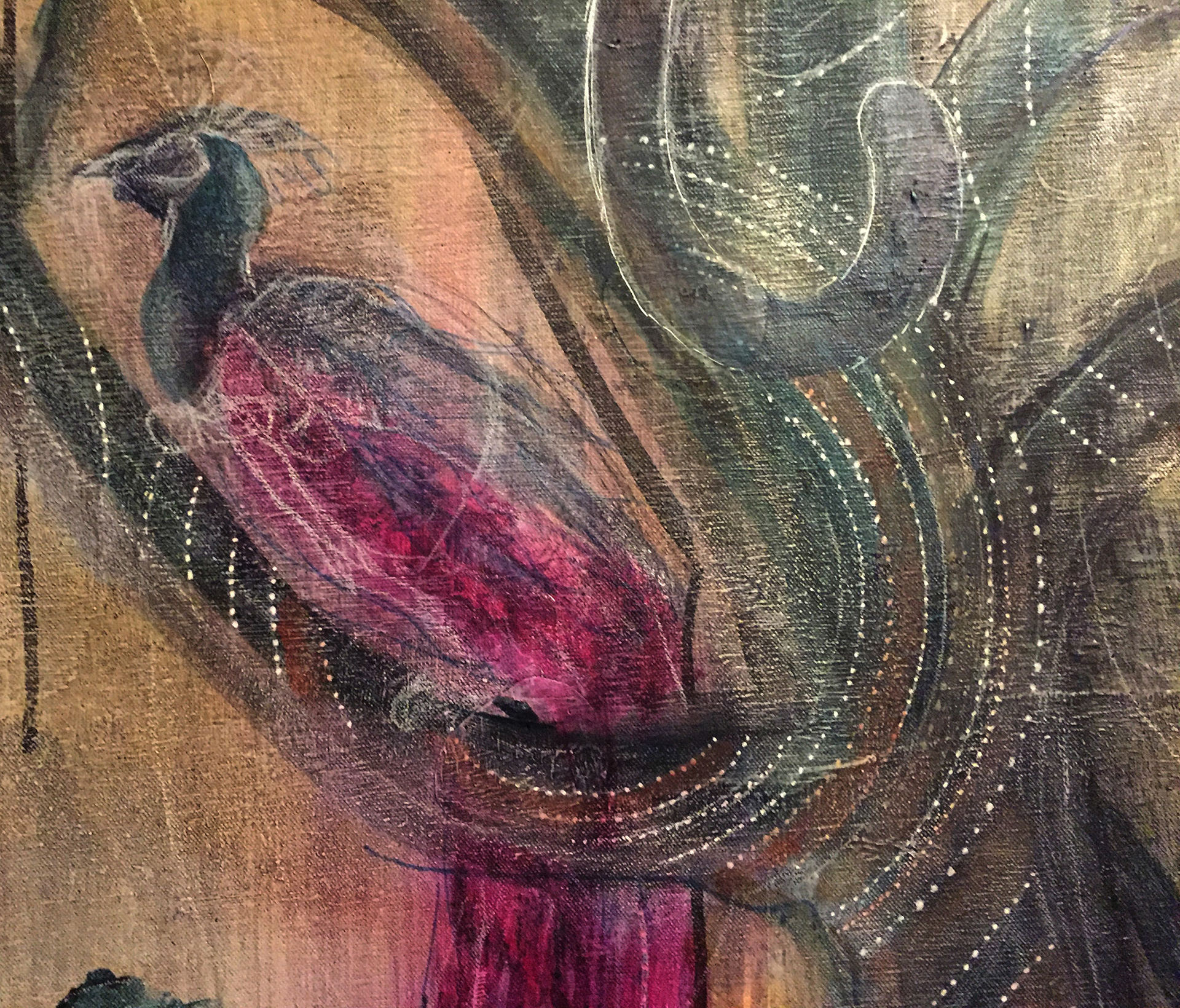 detail showing mixed media including printer toner, acrylic, ink, whiteout, chalk